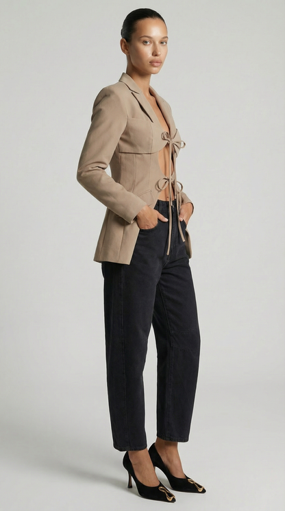 Valier - Architectural Cut-Out Lace-Up Blazer Top Beige