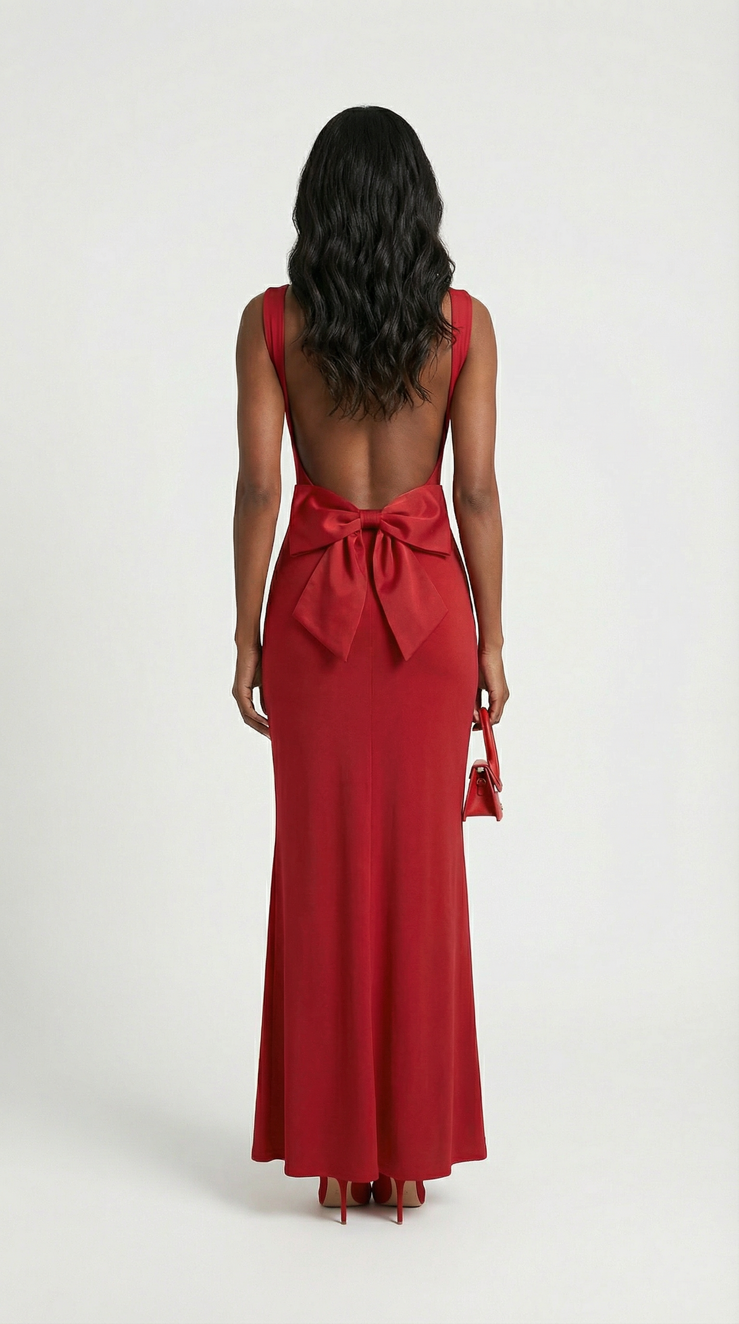 Essa - Sexy Bow Backless Cowl-Neck Maxi Dress Red