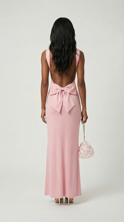 Essa - Sexy Bow Backless Cowl-Neck Maxi Dress Pink