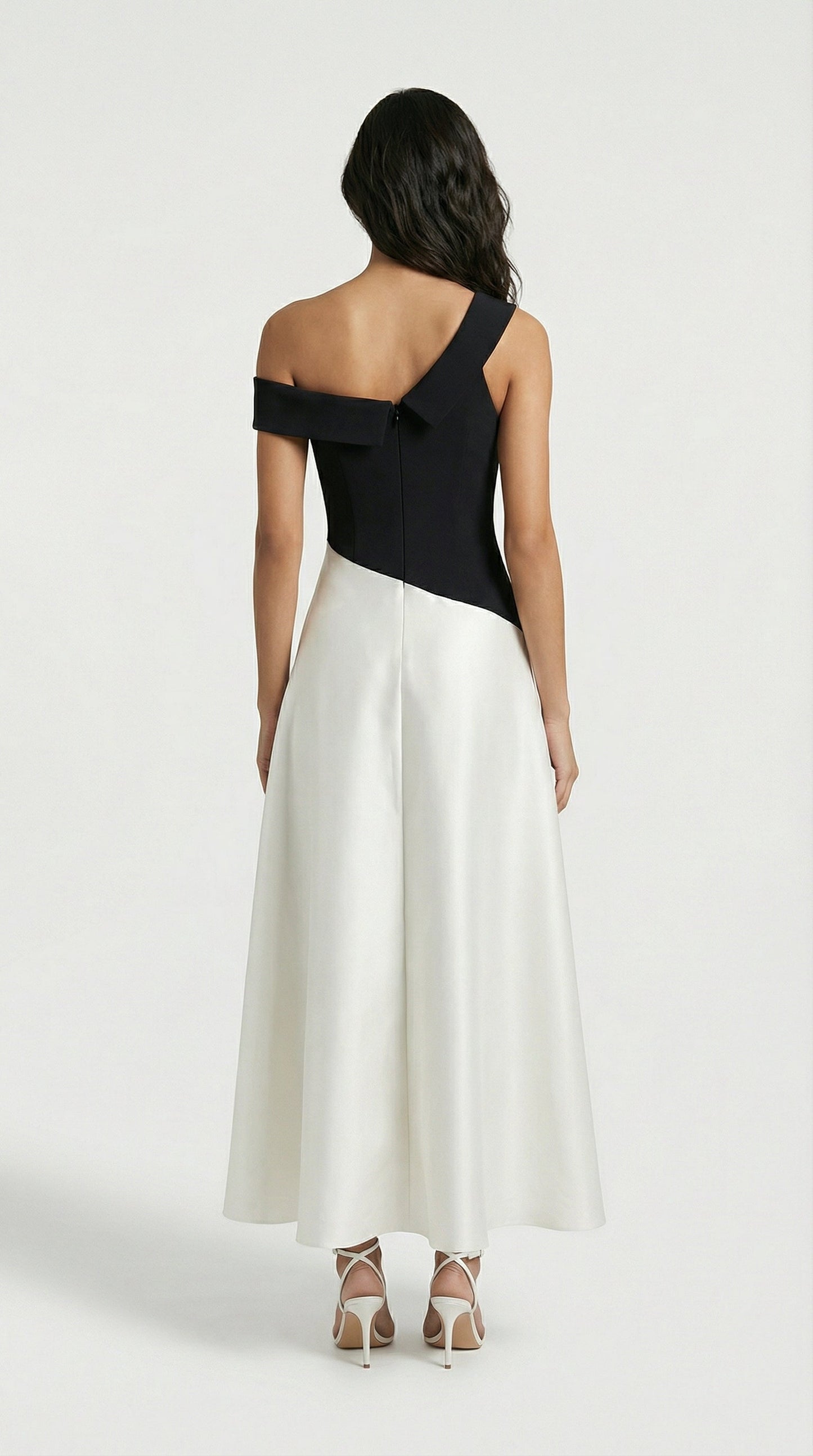 Calmi - Elegant Black & White Block One-Shoulder Dress