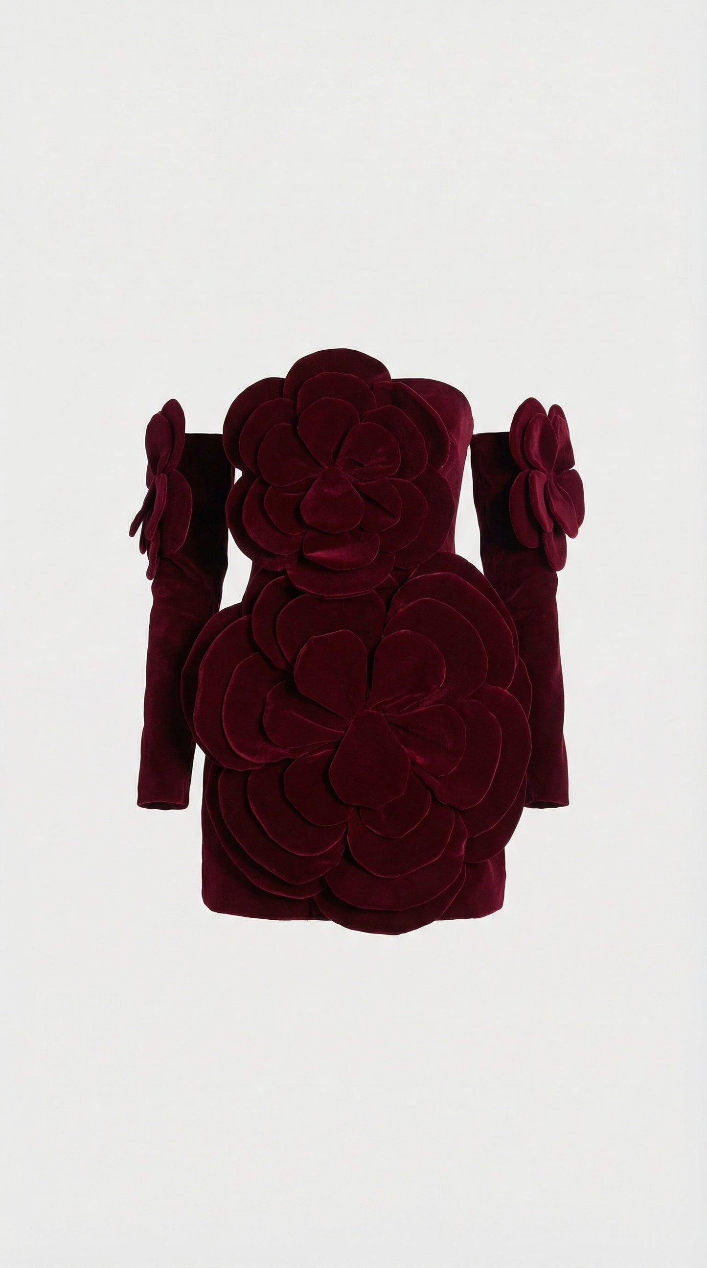 Solea - 3D Sculptural Velvet Floral Gown & Gloves Set Red
