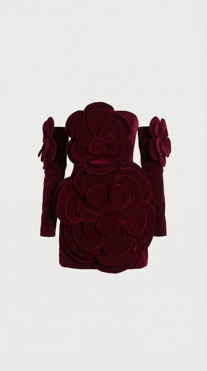 Solea - 3D Sculptural Velvet Floral Gown & Gloves Set Red