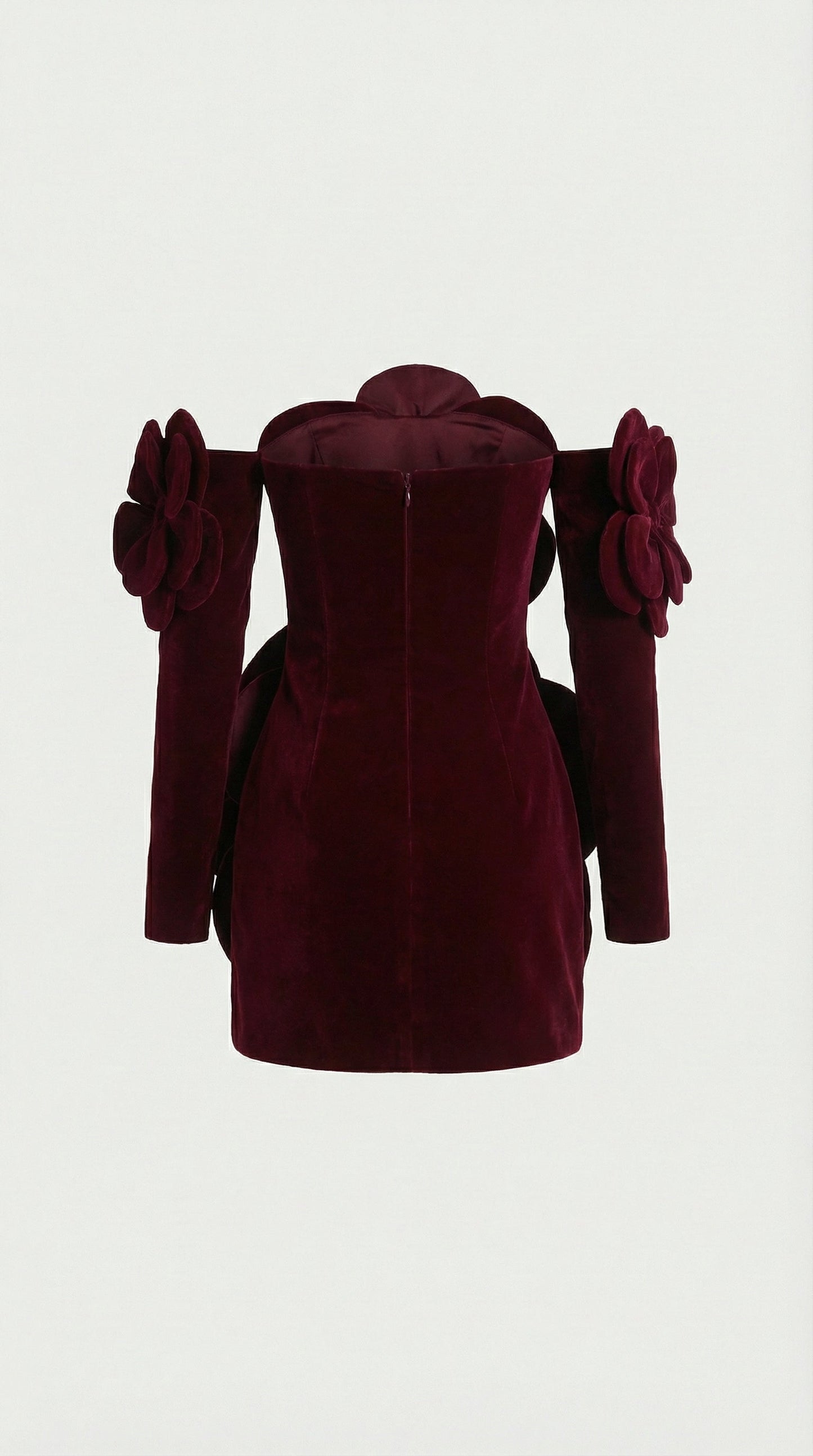 Solea - 3D Sculptural Velvet Floral Gown & Gloves Set Red