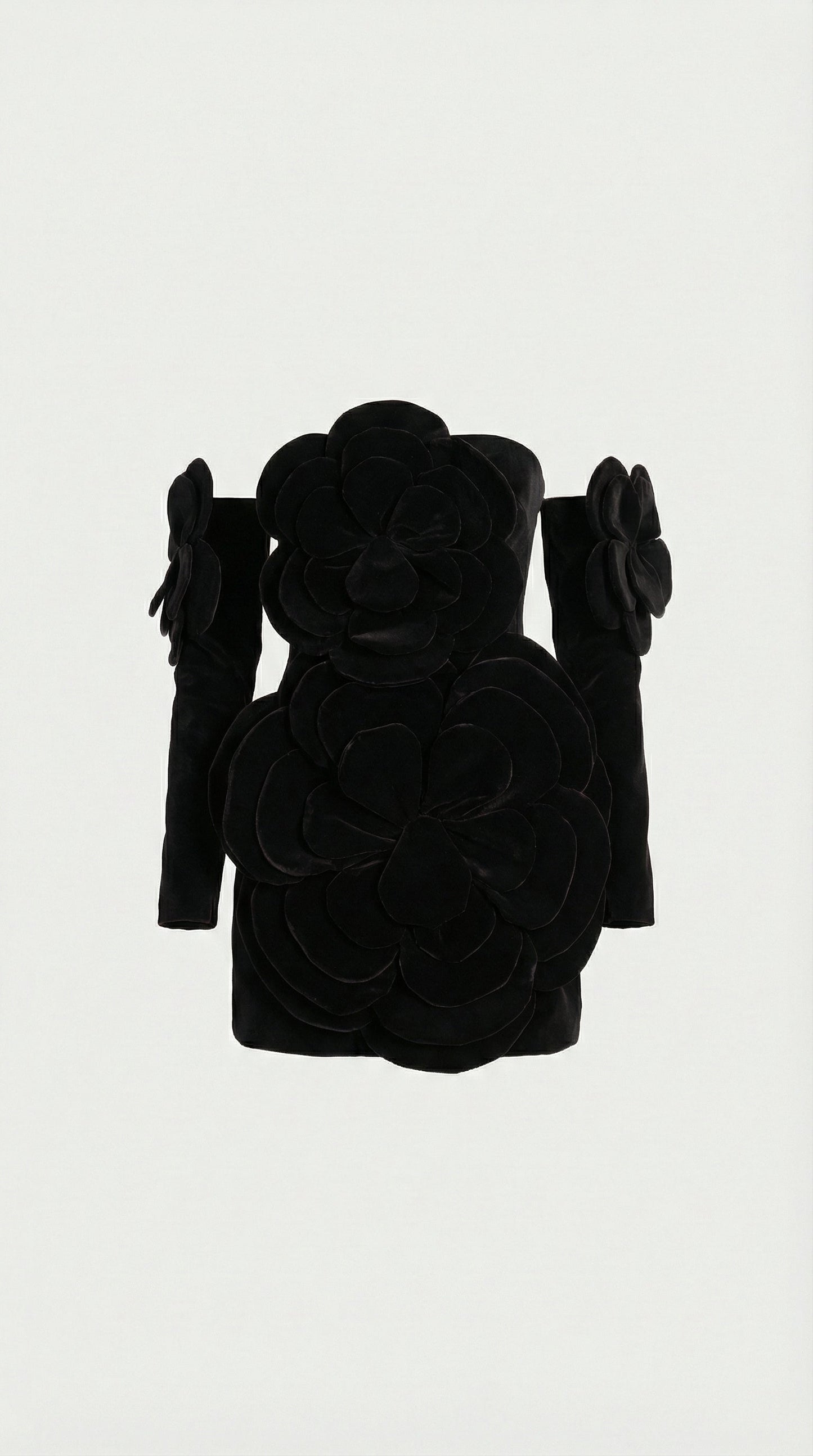 Solea - 3D Sculptural Velvet Floral Gown & Gloves Set Black