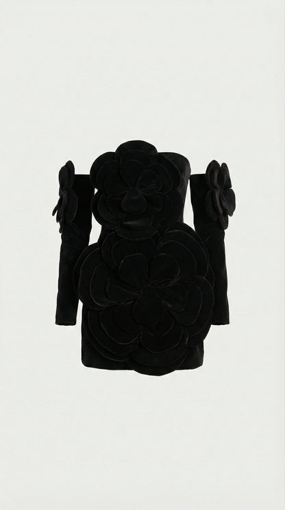Solea - 3D Sculptural Velvet Floral Gown & Gloves Set Black