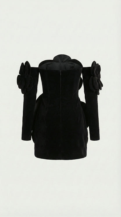 Solea - 3D Sculptural Velvet Floral Gown & Gloves Set Black