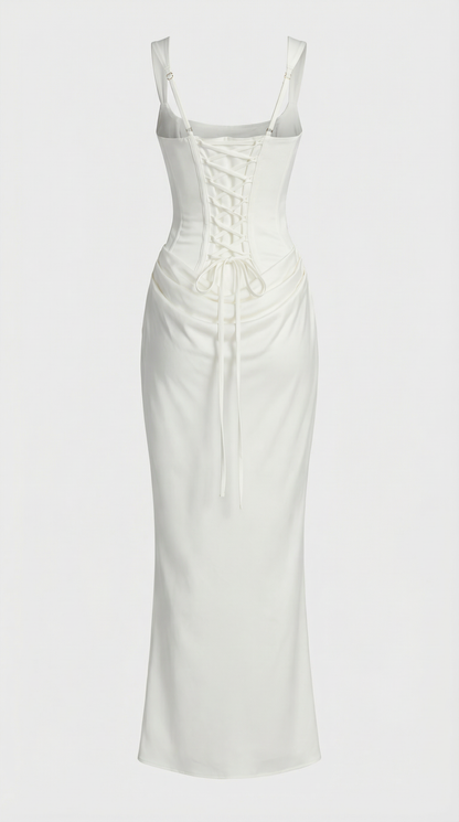 Aveline - Sculptural Fishbone Draped Maxi Dress White