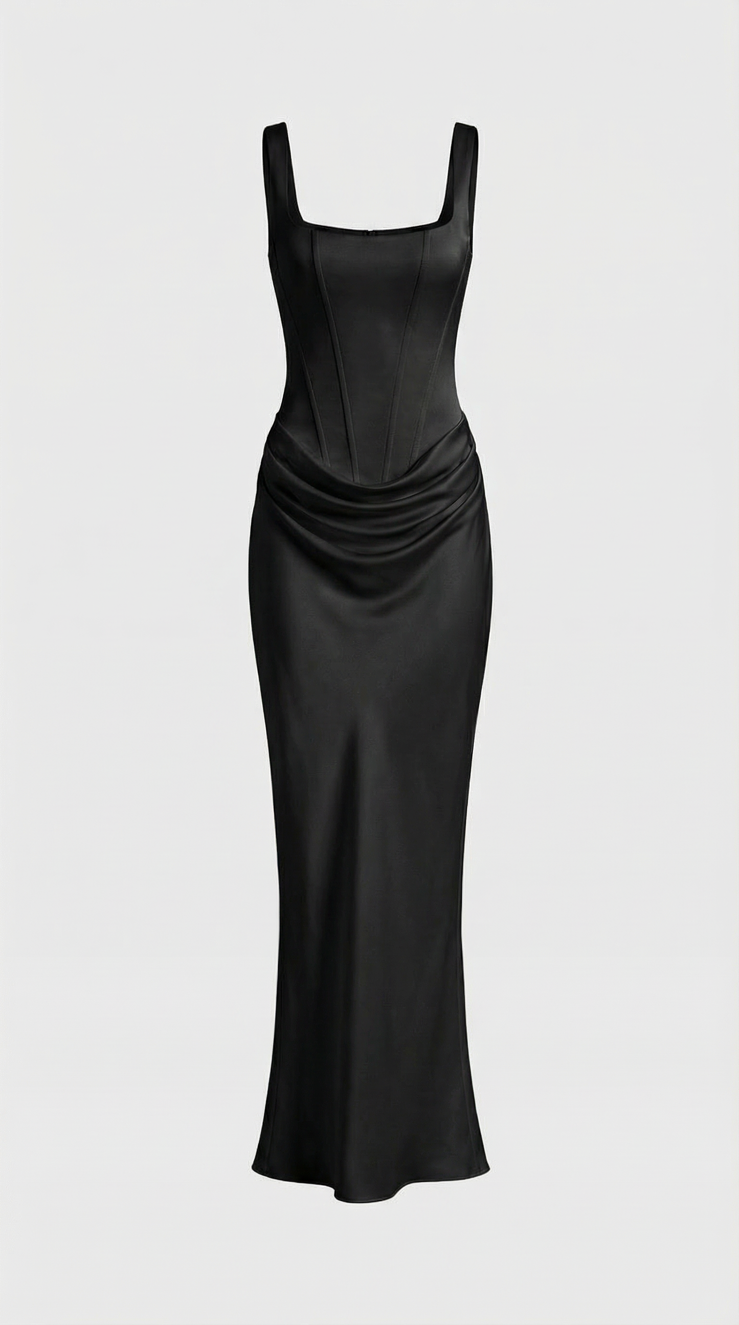 Aveline - Sculptural Fishbone Draped Maxi Dress Black