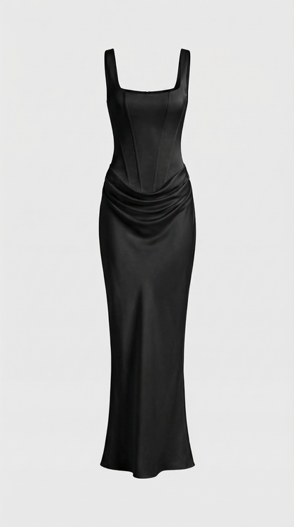 Aveline - Sculptural Fishbone Draped Maxi Dress Black