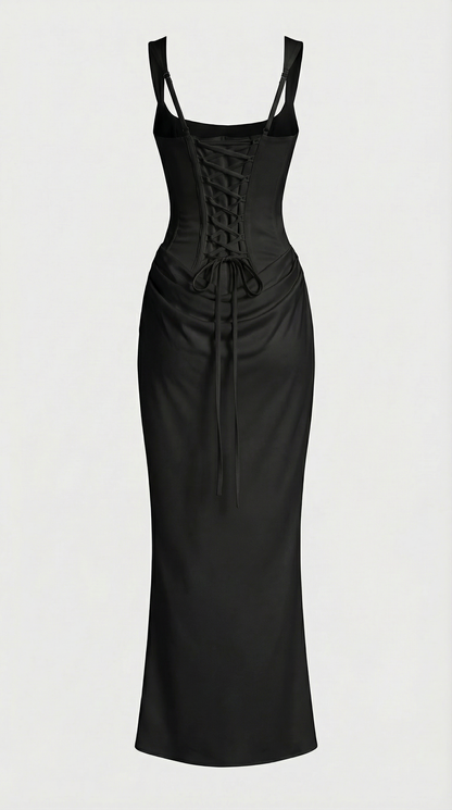 Aveline - Sculptural Fishbone Draped Maxi Dress Black
