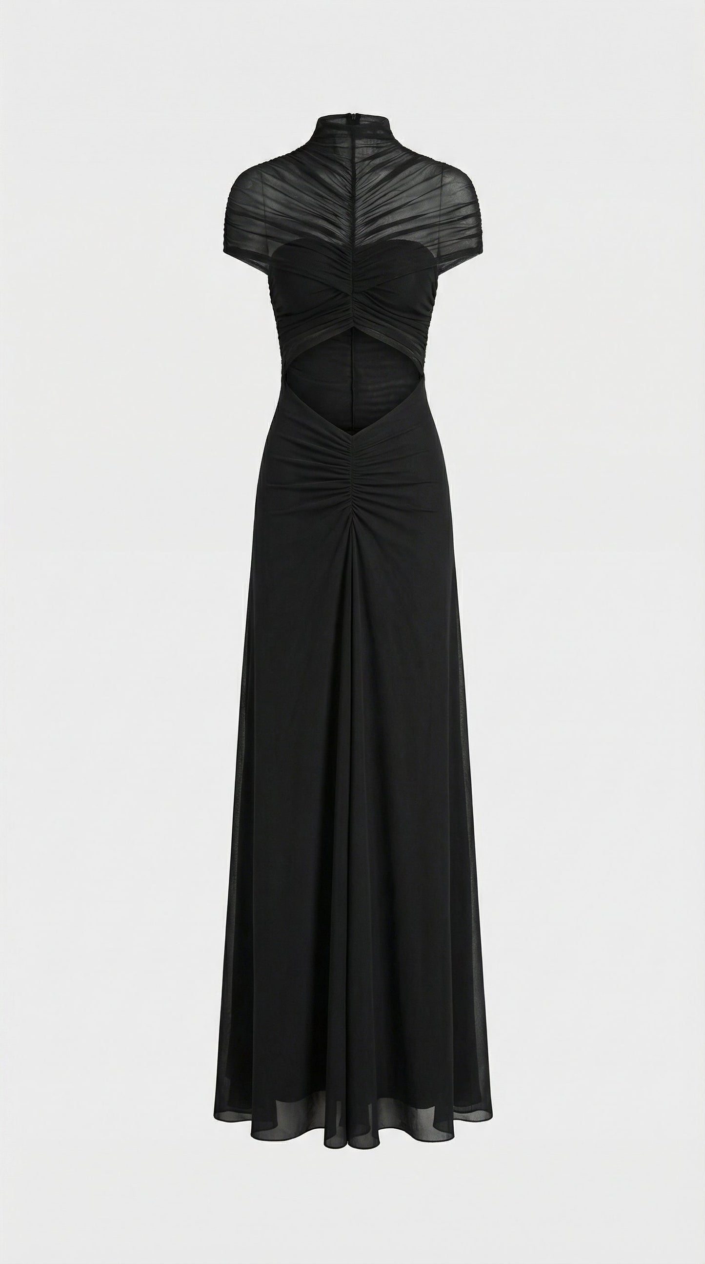Aurea - Ruched Irregular  Mesh Cut-Out Maxi Dress Black
