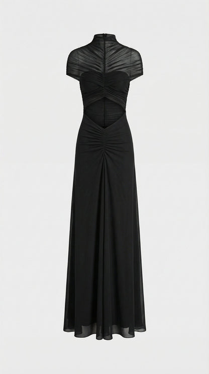 Aurea - Ruched Irregular  Mesh Cut-Out Maxi Dress Black