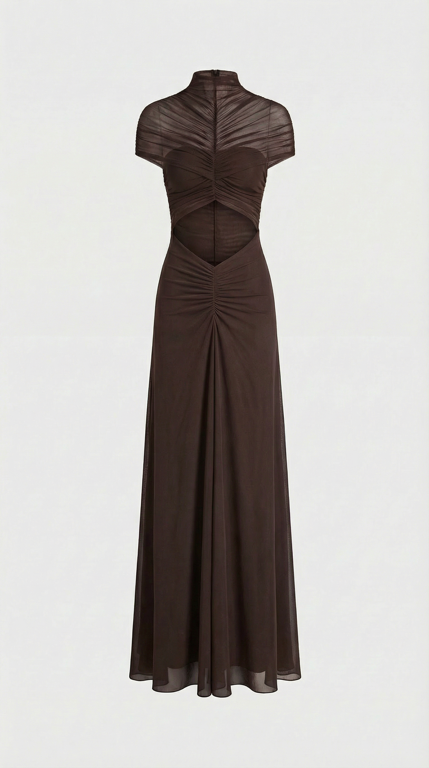 Aurea - Ruched Irregular Mesh Cut-Out Maxi Dress Brown