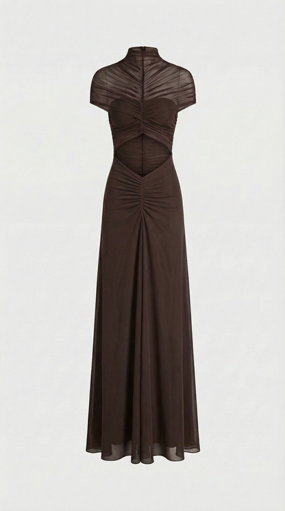 Aurea - Ruched Irregular Mesh Cut-Out Maxi Dress Brown