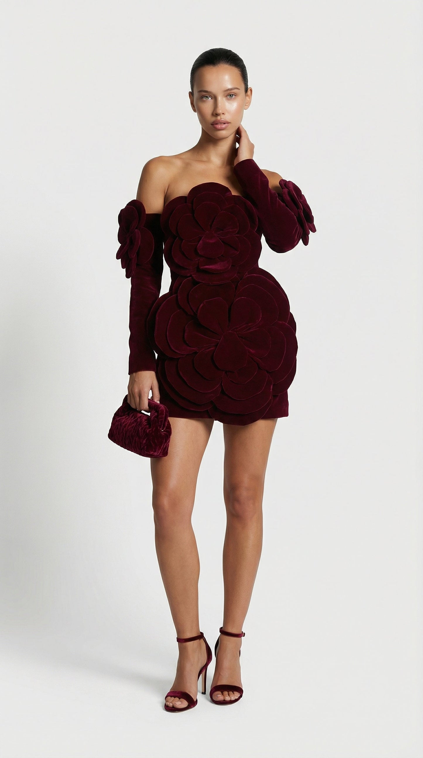 Solea - 3D Sculptural Velvet Floral Gown & Gloves Set Red