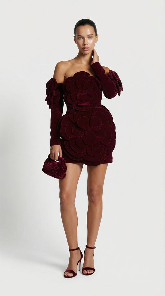Solea - 3D Sculptural Velvet Floral Gown & Gloves Set Red