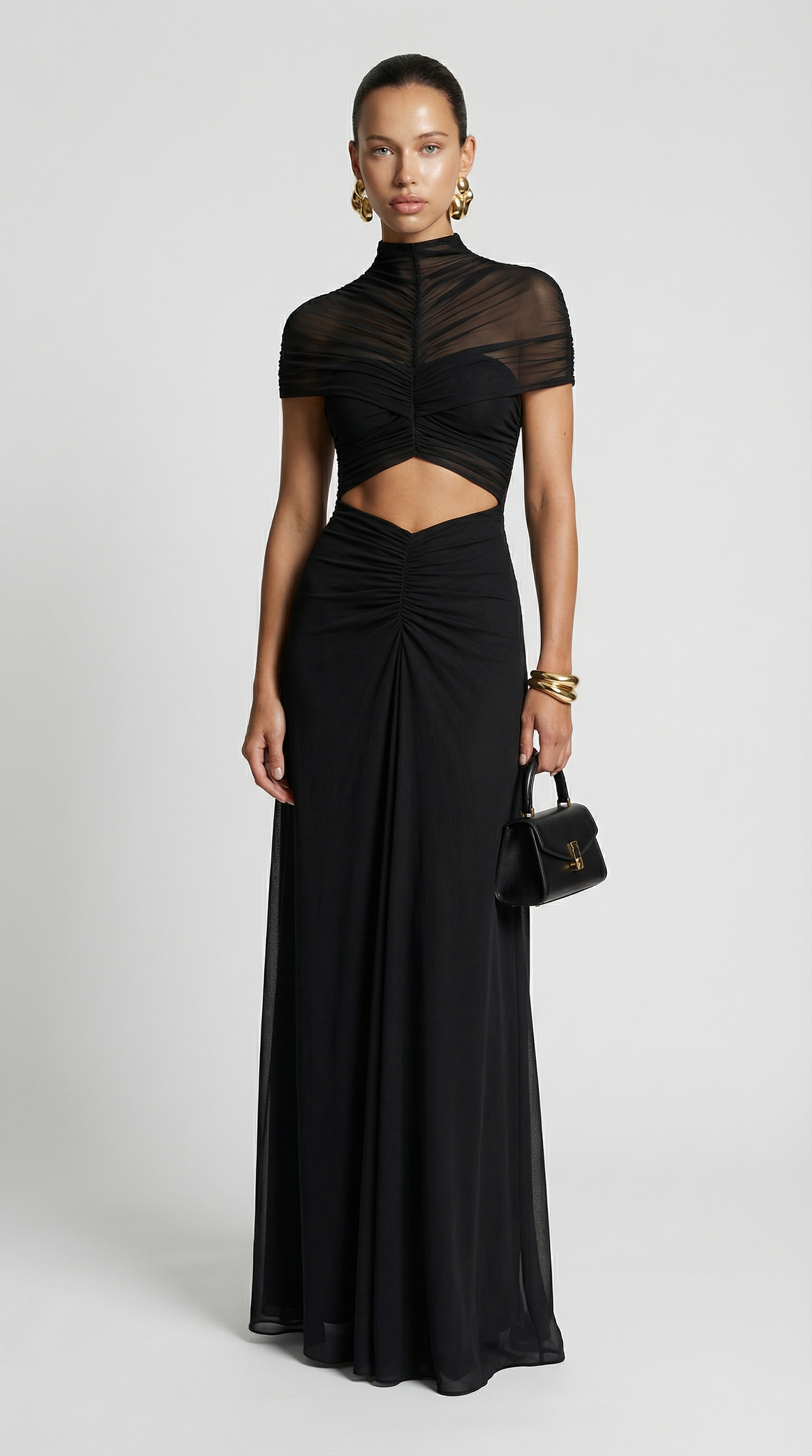 Aurea - Ruched Irregular  Mesh Cut-Out Maxi Dress Black