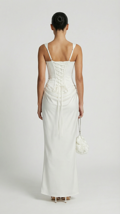 Aveline - Sculptural Fishbone Draped Maxi Dress White
