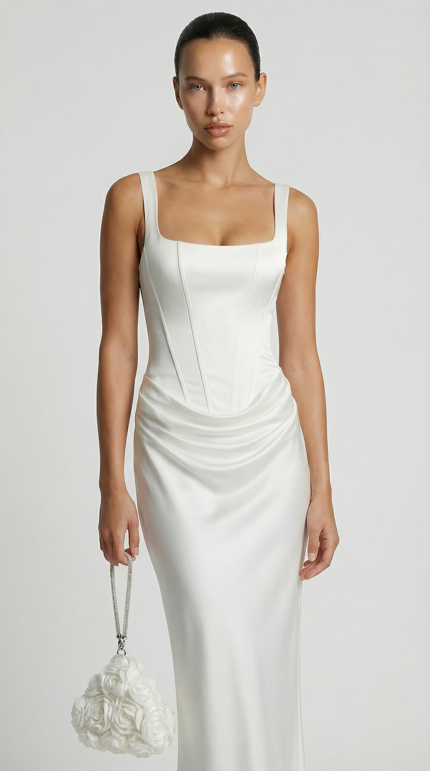 Aveline - Sculptural Fishbone Draped Maxi Dress White