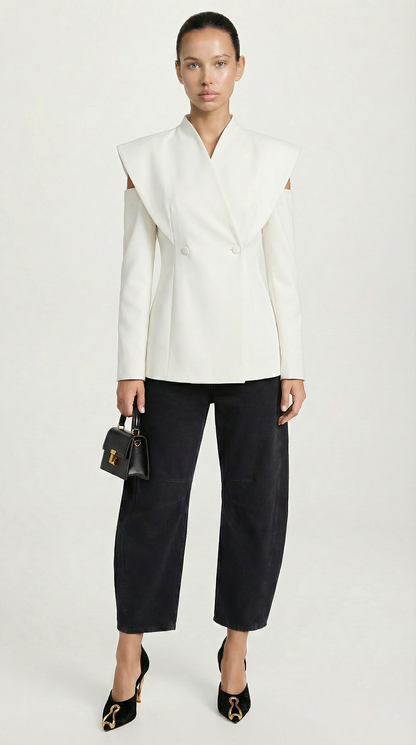 Aise - Avant-Garde Sculptural Cut-Out Blazer White
