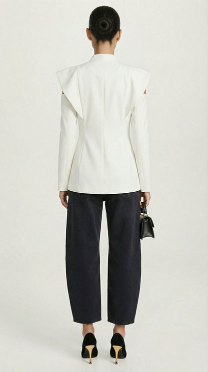 Aise - Avant-Garde Sculptural Cut-Out Blazer White