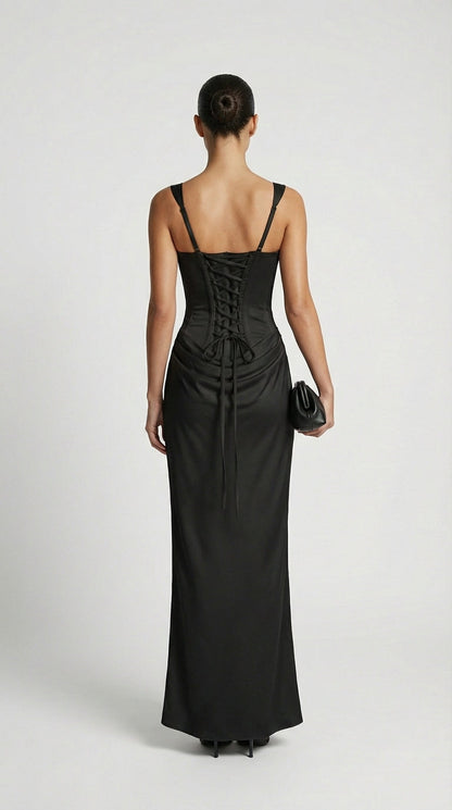 Aveline - Sculptural Fishbone Draped Maxi Dress Black