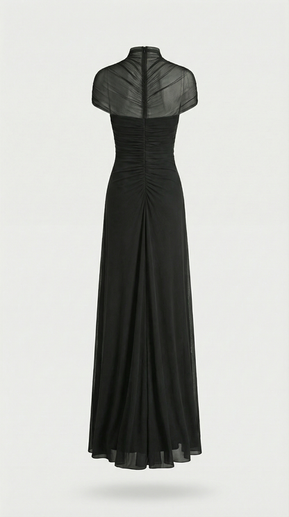Aurea - Ruched Irregular  Mesh Cut-Out Maxi Dress Black