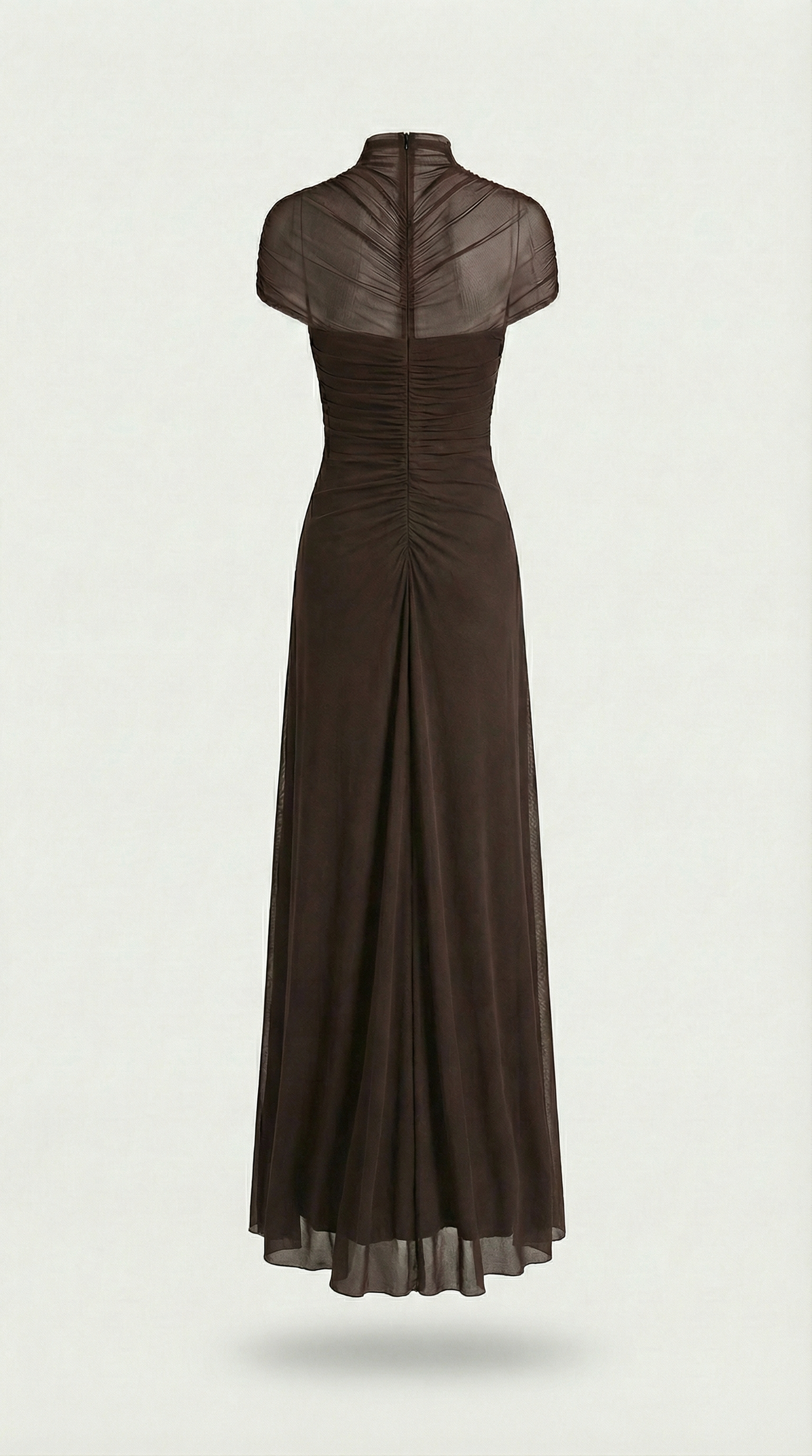 Aurea - Ruched Irregular Mesh Cut-Out Maxi Dress Brown