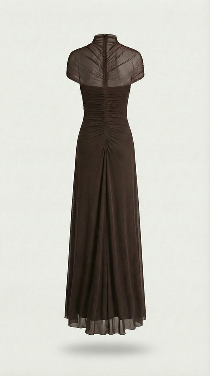 Aurea - Ruched Irregular Mesh Cut-Out Maxi Dress Brown