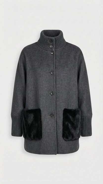 Seriss - Loose Knit Fur Sweater with Standup Collar Gray