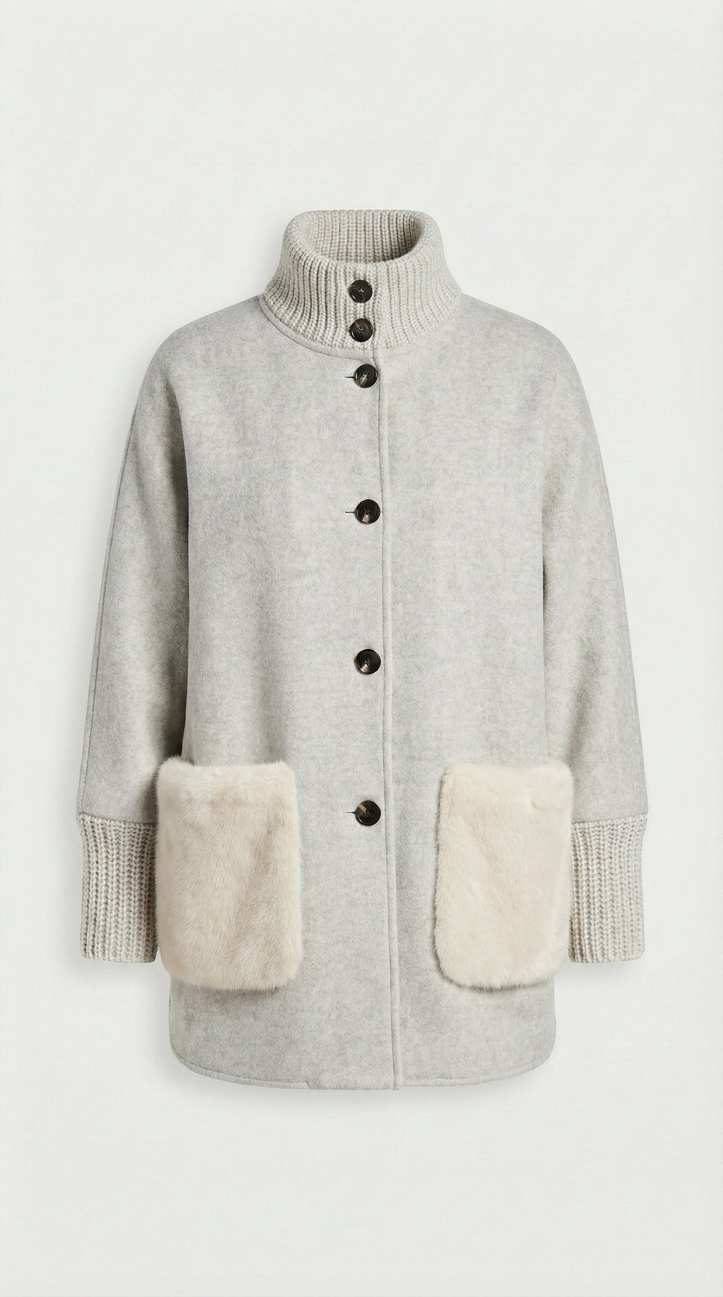 Seriss - Loose Knit Fur Sweater with Standup Collar Silver
