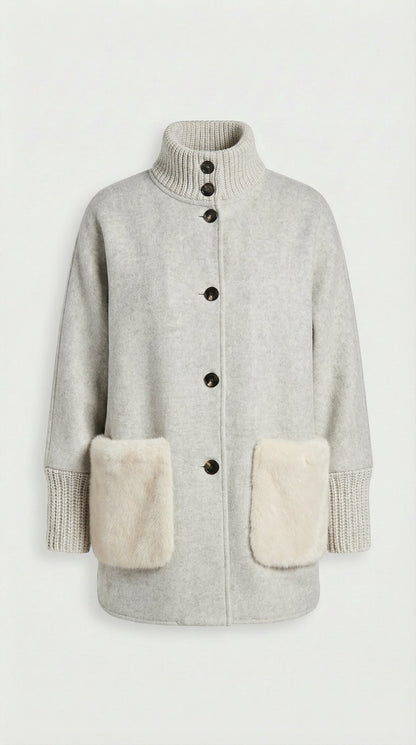 Seriss - Loose Knit Fur Sweater with Standup Collar Silver