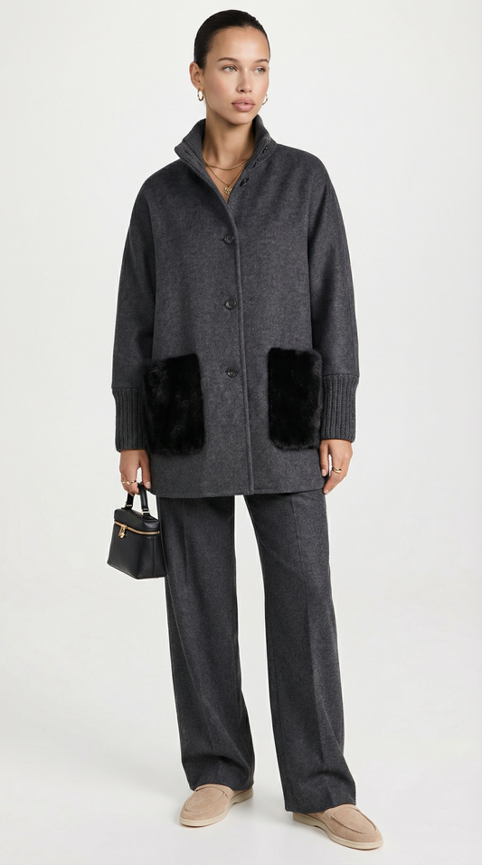 Seriss - Loose Knit Fur Sweater with Standup Collar Gray