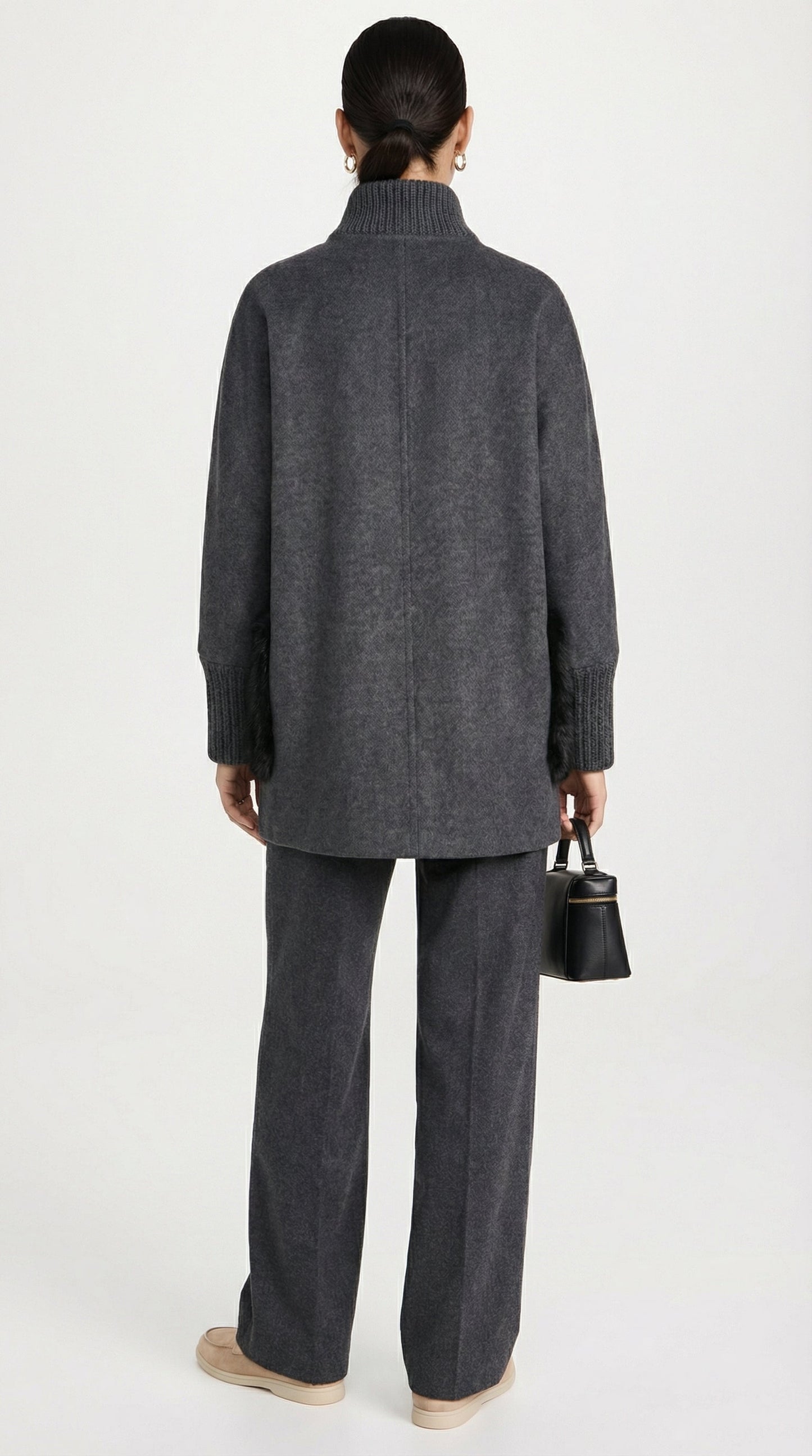 Seriss - Loose Knit Fur Sweater with Standup Collar Gray