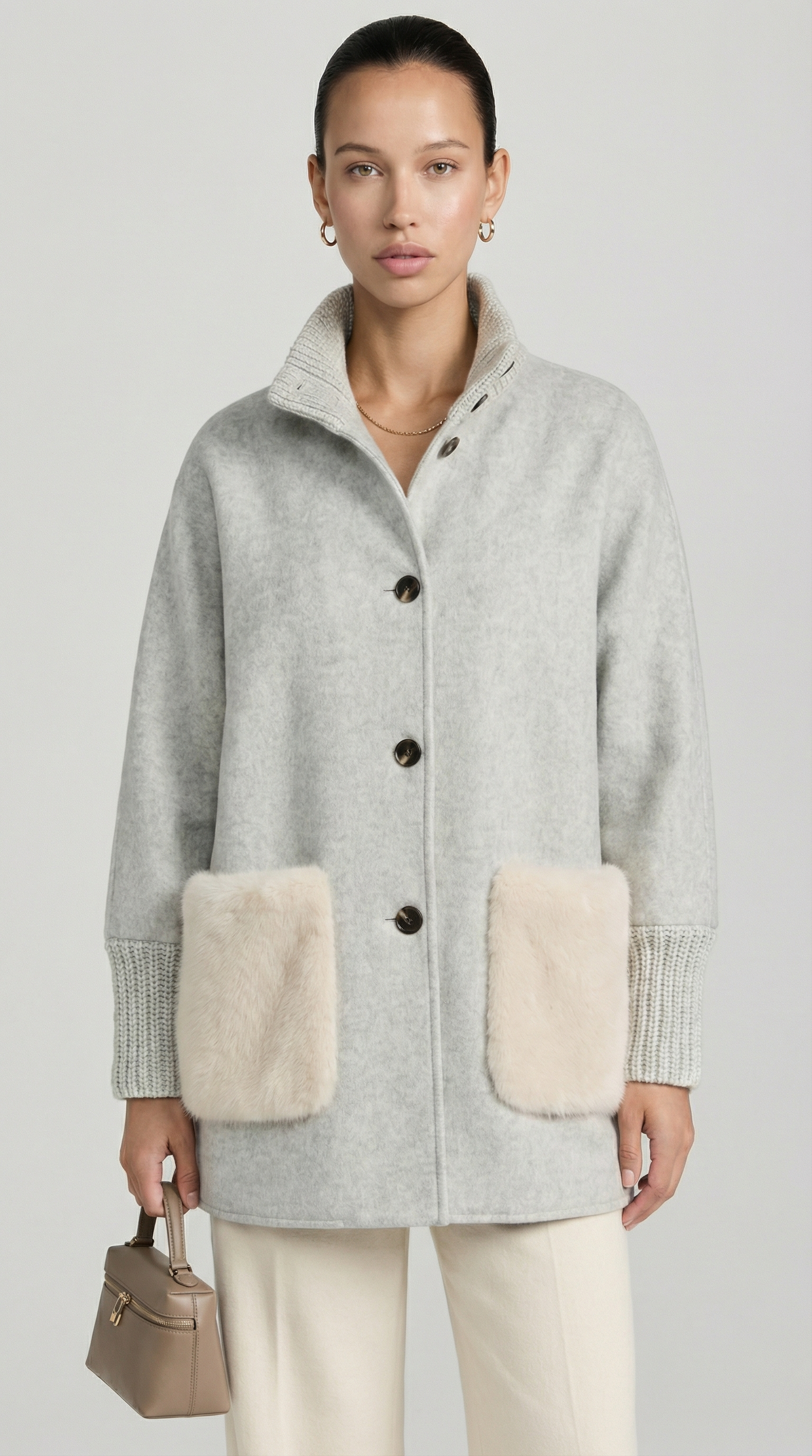 Seriss - Loose Knit Fur Sweater with Standup Collar Silver