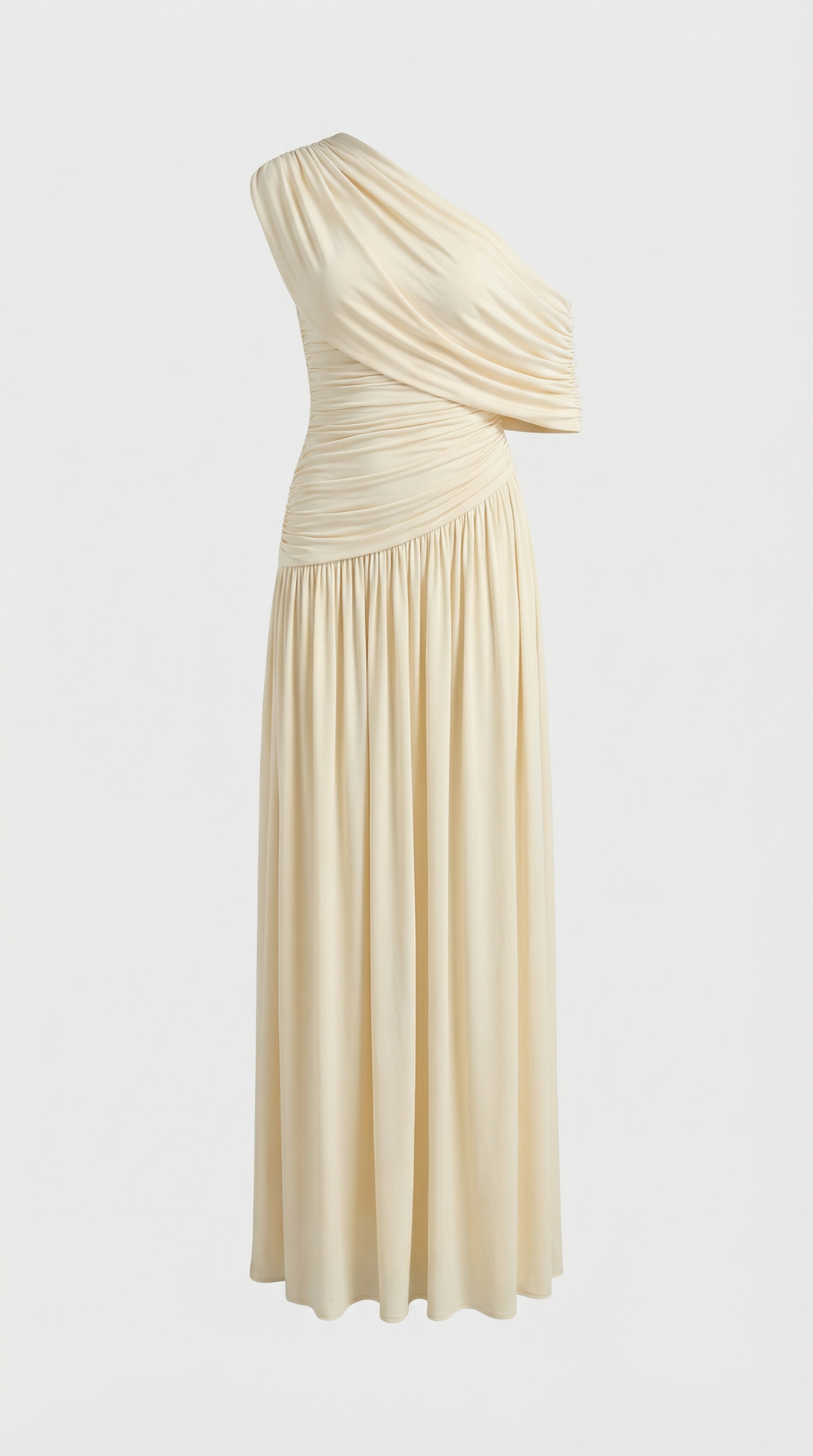 Leni - Diagonal Collar Pleated Irregular Dress Ivory