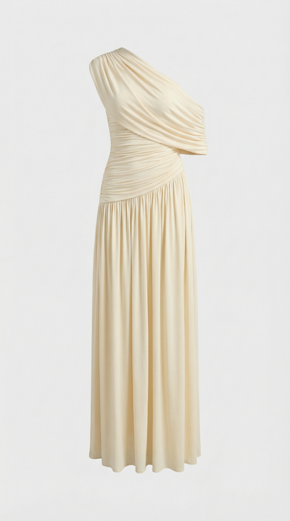 Leni - Diagonal Collar Pleated Irregular Dress Ivory