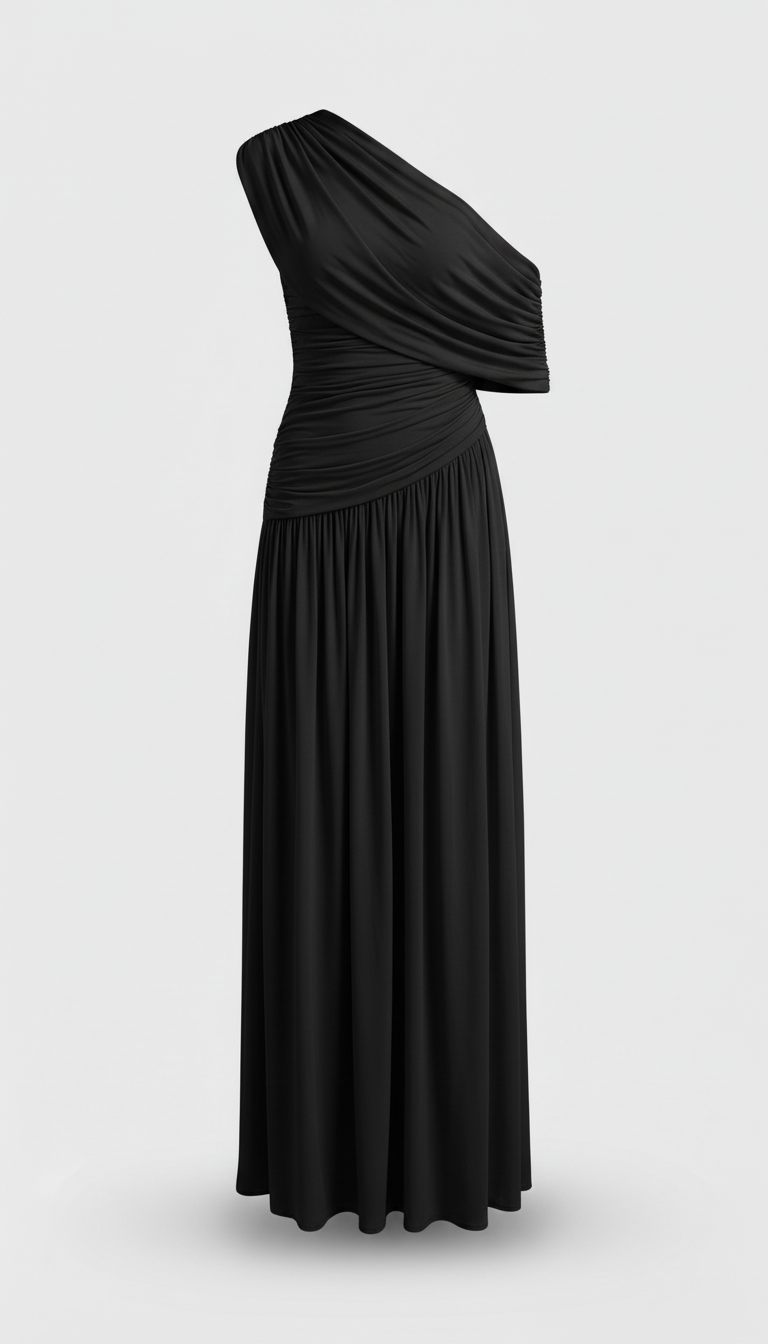 Leni - Diagonal Collar Pleated Irregular Dress Black