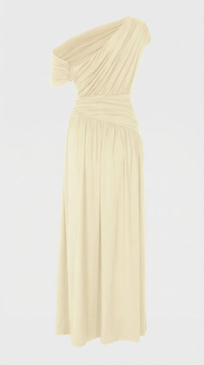 Leni - Diagonal Collar Pleated Irregular Dress Ivory
