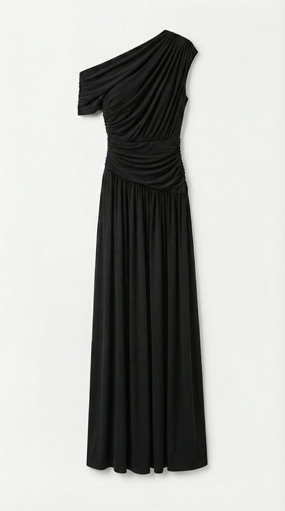 Leni - Diagonal Collar Pleated Irregular Dress Black