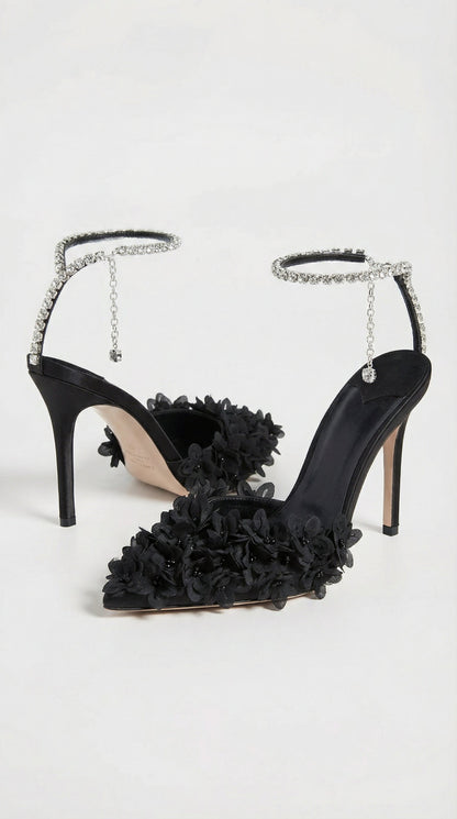 Noma - Flower Petal Embroidered Stiletto Sandals With Genuine Leather Interior Black
