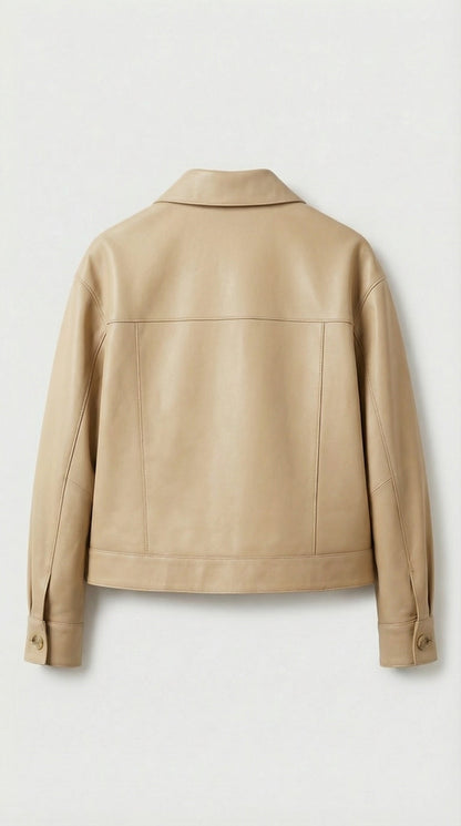 Cela - Square Collar Genuine Leather Short Jacket Beige