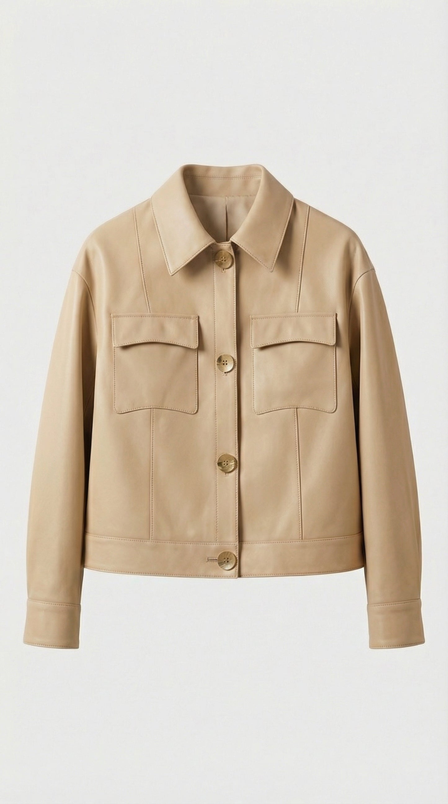 Cela - Square Collar Genuine Leather Short Jacket Beige