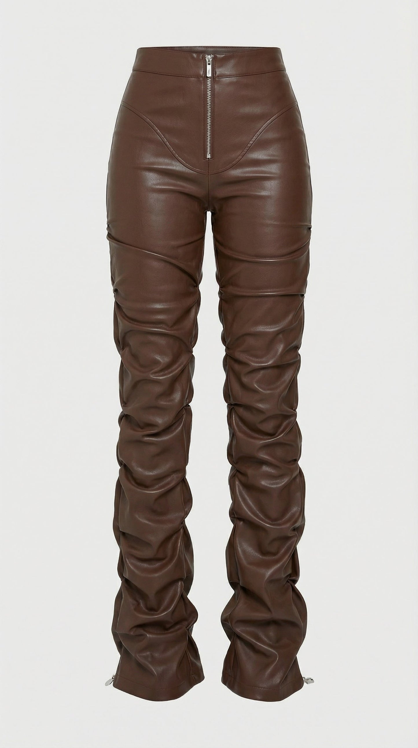 Aven - High-Waist Stacked Vegan Leather Pants Brown