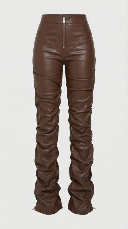 Aven - High-Waist Stacked Vegan Leather Pants Brown