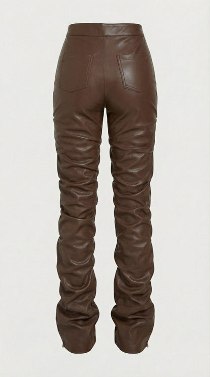 Aven - High-Waist Stacked Vegan Leather Pants Brown