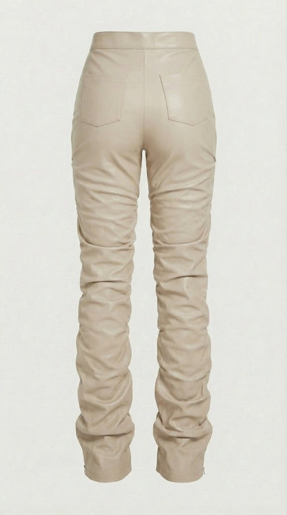 Aven - High-Waist Stacked Vegan Leather Pants Ivory