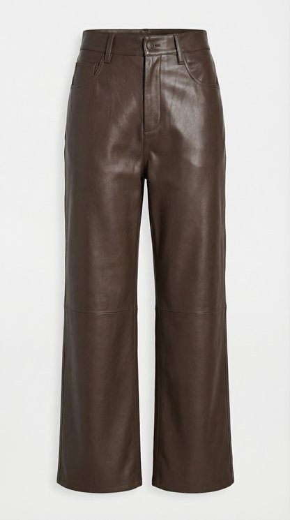 Lira - High Waist Genuine Leather Straight Cropped Trousers Brown