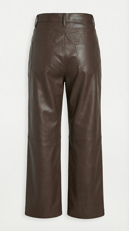 Lira - High Waist Genuine Leather Straight Cropped Trousers Brown