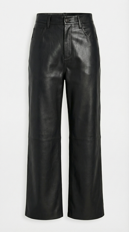 Lira - High Waist Genuine Leather Straight Cropped Trousers Black